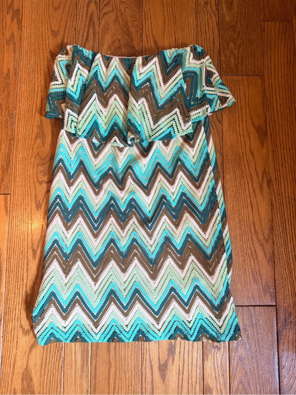 Chevron Strapless Dress in Aqua, Teal, Brown & White | Judith March